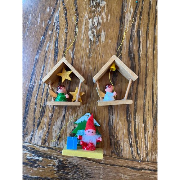 Vintage Wooden Christmas Ornaments Set Of 3 With Angel Figures & Santa On Base - Picture 6 of 6